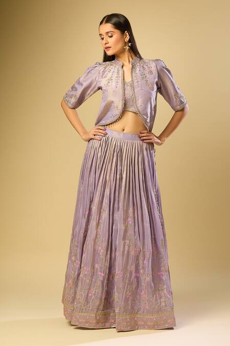 Samyukta Singhania_Purple Silk, Chiffon Embroidery, Sequins, Cut Work, Beads Sweetheart Lehenga Set_at_Aza_Fashions