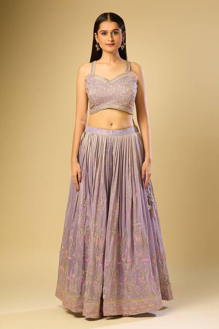 Buy_Samyukta Singhania_Purple Silk, Chiffon Embroidery, Sequins, Cut Work, Beads Sweetheart Lehenga Set