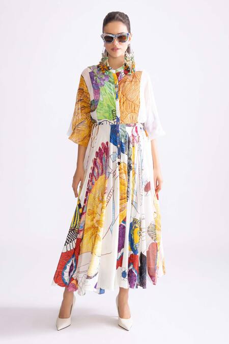 Shop_Saaksha & Kinni_Multi Color Organza, Chanderi Round Neck Meagen Daisy And Trible Print Dress_Online_at_Aza_Fashions