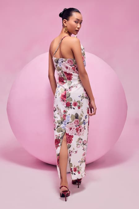 Shop July Issue White Cotton Satin Asymmetric Floral Print One-shoulder Bow Detail Dress at Aza Fashions Shop_July Issue_White Cotton Satin Asymmetric Floral Print One-shoulder Bow Detail Dress _at_Aza_Fashions