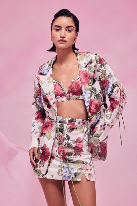 July Issue White Cotton Satin Sweetheart Neck Floral Print Blazer And Skirt Set Online at Aza Fashions July Issue_White Cotton Satin Sweetheart Neck Floral Print Blazer And Skirt Set _Online_at_Aza_Fashions