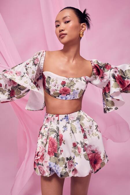 July Issue White Cotton Satin Round Neck Floral Print Top And Balloon Skirt Set Online at Aza Fashions July Issue_White Cotton Satin Round Neck Floral Print Top And Balloon Skirt Set _Online_at_Aza_Fashions