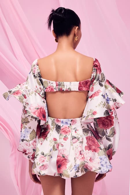 Shop July Issue White Cotton Satin Round Neck Floral Print Top And Balloon Skirt Set at Aza Fashions Shop_July Issue_White Cotton Satin Round Neck Floral Print Top And Balloon Skirt Set _at_Aza_Fashions