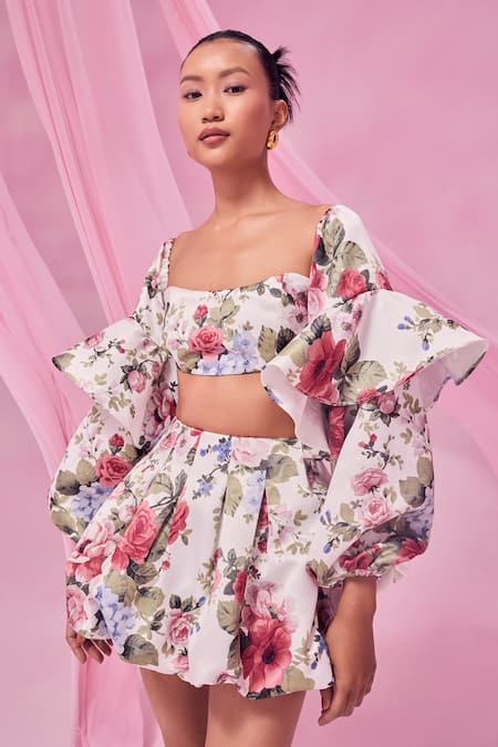 Buy July Issue White Cotton Satin Round Neck Floral Print Top And Balloon Skirt Set Online at Aza Fashions Buy_July Issue_White Cotton Satin Round Neck Floral Print Top And Balloon Skirt Set _Online_at_Aza_Fashions