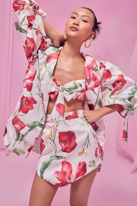 July Issue White Silk Floral Print Blazer And Skirt Set 