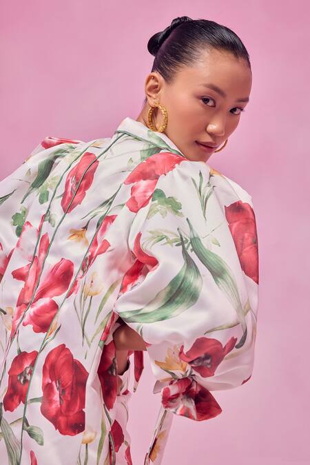 Shop July Issue White Silk Floral Print Blazer And Skirt Set Online at Aza Fashions Shop_July Issue_White Silk Floral Print Blazer And Skirt Set _Online_at_Aza_Fashions