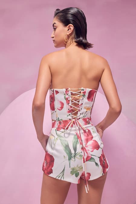 Shop July Issue White Cotton Satin Sweetheart Neck Floral Print Corset And High Waisted Shorts Set at Aza Fashions Shop_July Issue_White Cotton Satin Sweetheart Neck Floral Print Corset And High Waisted Shorts Set _at_Aza_Fashions