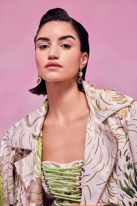 Shop July Issue Green Cotton Satin Sweetheart Neck, Floral Printed Dress And Long Jacket Set Online at Aza Fashions Shop_July Issue_Green Cotton Satin Sweetheart Neck, Floral Printed Dress And Long Jacket Set _Online_at_Aza_Fashions