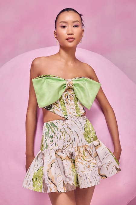 Shop July Issue Green Cotton Satin Sweetheart Neck Floral Print Strapless Top And Skirt Set Online at Aza Fashions Shop_July Issue_Green Cotton Satin Sweetheart Neck Floral Print Strapless Top And Skirt Set _Online_at_Aza_Fashions