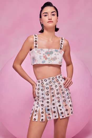 July Issue_Pink Cotton Satin Square Neck Floral Print Rivet Detail Top And Skirt Set _Online_at_Aza_Fashions