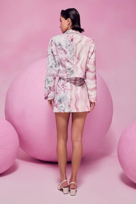 Shop_July Issue_Pink Polyester Floral Print Blazer And Skirt Set _at_Aza_Fashions