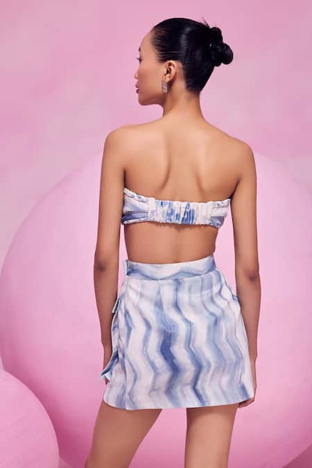 Shop July Issue Blue Cotton Satin Bandeau Neck Abstract Floral Top And Skirt Set at Aza Fashions Shop_July Issue_Blue Cotton Satin Bandeau Neck Abstract Floral Top And Skirt Set _at_Aza_Fashions