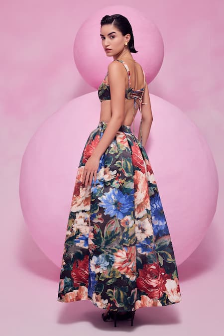 Shop July Issue Multi Color Cotton Satin Square Neck Floral Print Bandeau Top And Skirt Set at Aza Fashions Shop_July Issue_Multi Color Cotton Satin Square Neck Floral Print Bandeau Top And Skirt Set _at_Aza_Fashions