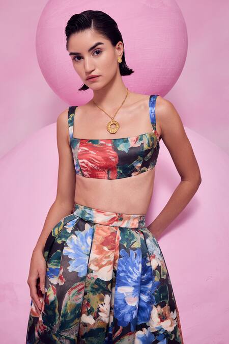July Issue Multi Color Cotton Satin Square Neck Floral Print Bandeau Top And Skirt Set Online at Aza Fashions July Issue_Multi Color Cotton Satin Square Neck Floral Print Bandeau Top And Skirt Set _Online_at_Aza_Fashions