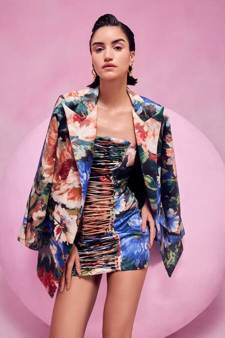 July Issue Blue Cotton Satin Sweetheart Neck, Collared Floral Printed Dress And Jacket Set Online at Aza Fashions July Issue_Blue Cotton Satin Sweetheart Neck, Collared Floral Printed Dress And Jacket Set _Online_at_Aza_Fashions