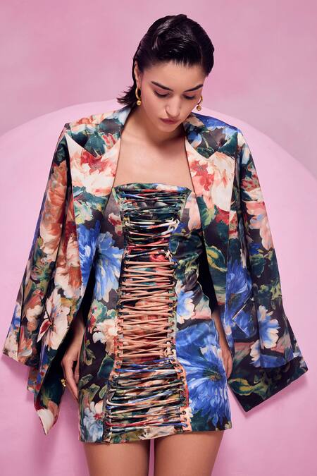 Buy July Issue Blue Cotton Satin Sweetheart Neck, Collared Floral Printed Dress And Jacket Set Online at Aza Fashions Buy_July Issue_Blue Cotton Satin Sweetheart Neck, Collared Floral Printed Dress And Jacket Set _Online_at_Aza_Fashions