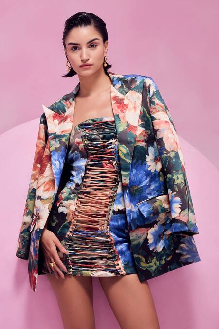 Shop July Issue Blue Cotton Satin Sweetheart Neck, Collared Floral Printed Dress And Jacket Set Online at Aza Fashions Shop_July Issue_Blue Cotton Satin Sweetheart Neck, Collared Floral Printed Dress And Jacket Set _Online_at_Aza_Fashions