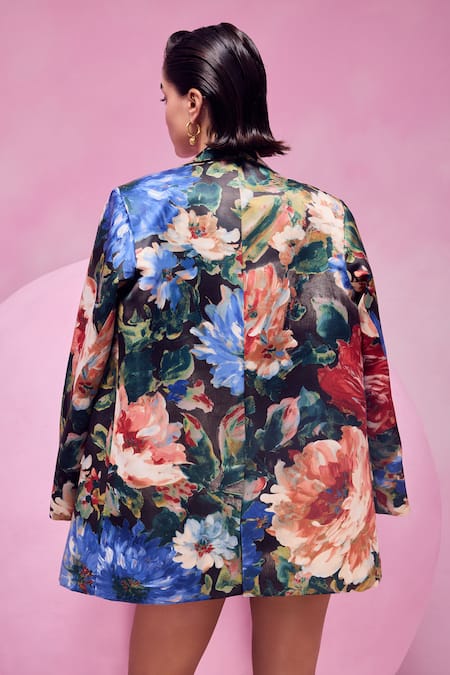 Shop July Issue Blue Cotton Satin Sweetheart Neck, Collared Floral Printed Dress And Jacket Set at Aza Fashions Shop_July Issue_Blue Cotton Satin Sweetheart Neck, Collared Floral Printed Dress And Jacket Set _at_Aza_Fashions