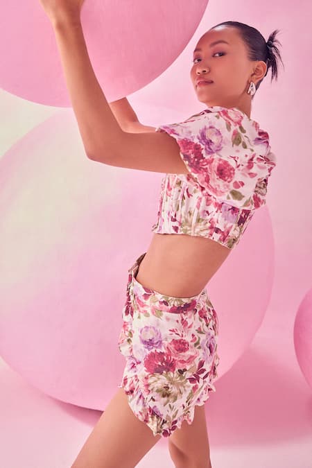 July Issue_Pink Cotton Satin Sweetheart Neck Floral Print Bandeau Top And Skirt Set _Online_at_Aza_Fashions
