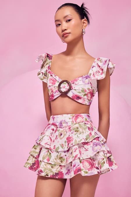 Buy_July Issue_Pink Cotton Satin Sweetheart Neck Floral Print Bandeau Top And Skirt Set _Online_at_Aza_Fashions