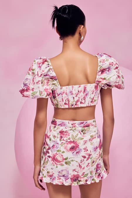 Shop July Issue Pink Cotton Satin Sweetheart Neck Floral Print Bandeau Top And Frill Shorts Set at Aza Fashions Shop_July Issue_Pink Cotton Satin Sweetheart Neck Floral Print Bandeau Top And Frill Shorts Set _at_Aza_Fashions