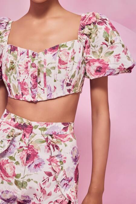 Buy July Issue Pink Cotton Satin Sweetheart Neck Floral Print Bandeau Top And Frill Shorts Set Online at Aza Fashions Buy_July Issue_Pink Cotton Satin Sweetheart Neck Floral Print Bandeau Top And Frill Shorts Set _Online_at_Aza_Fashions