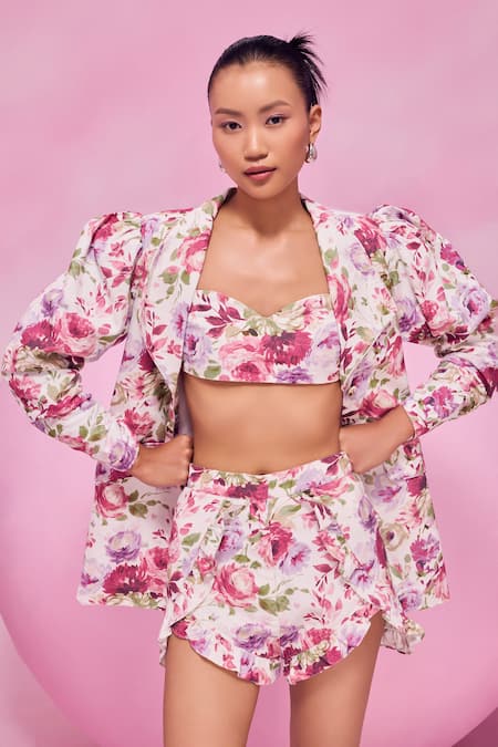 Buy July Issue Pink Cotton Open Neck Floral Print Jacket And Bandeau Shorts Set Online at Aza Fashions Buy_July Issue_Pink Cotton Open Neck Floral Print Jacket And Bandeau Shorts Set _Online_at_Aza_Fashions
