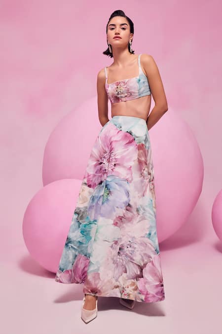 July Issue_Pink Cotton Satin Square Neck Floral Print Top And Skirt Set _Online_at_Aza_Fashions