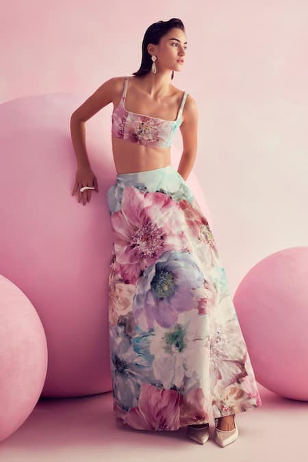 Buy_July Issue_Pink Cotton Satin Square Neck Floral Print Top And Skirt Set _Online_at_Aza_Fashions