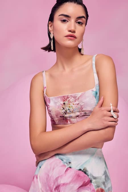 Shop_July Issue_Pink Cotton Satin Square Neck Floral Print Top And Skirt Set _Online_at_Aza_Fashions