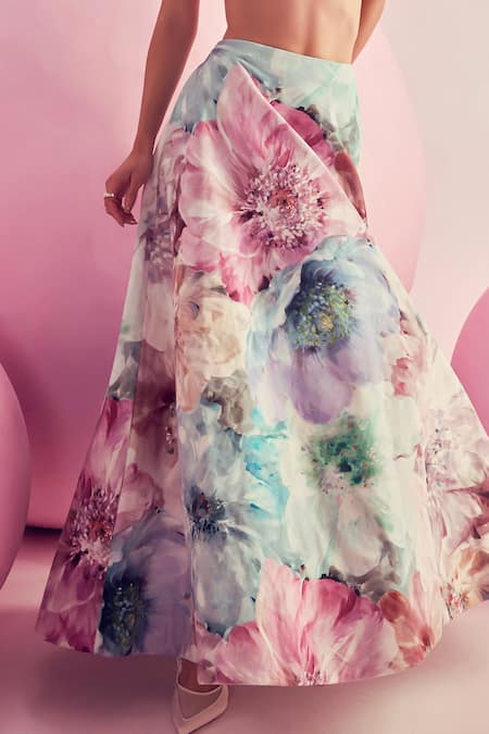July Issue_Pink Cotton Satin Square Neck Floral Print Top And Skirt Set _at_Aza_Fashions