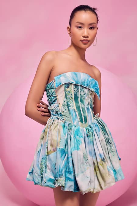 July Issue Blue Cotton Satin Open Neck Corsage Floral Print Balloon Dress Online at Aza Fashions July Issue_Blue Cotton Satin Open Neck Corsage Floral Print Balloon Dress _Online_at_Aza_Fashions
