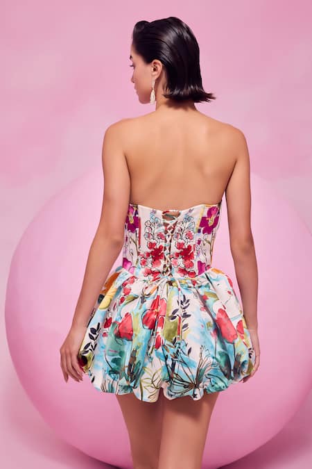 July Issue Blue Cotton Satin Open Neck Floral Printed Corset Balloon Dress Online at Aza Fashions July Issue_Blue Cotton Satin Open Neck Floral Printed Corset Balloon Dress _Online_at_Aza_Fashions
