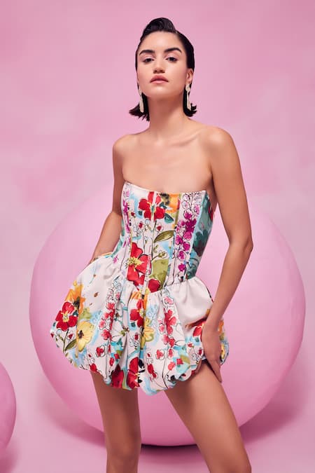 Shop July Issue Blue Cotton Satin Open Neck Floral Printed Corset Balloon Dress Online at Aza Fashions Shop_July Issue_Blue Cotton Satin Open Neck Floral Printed Corset Balloon Dress _Online_at_Aza_Fashions