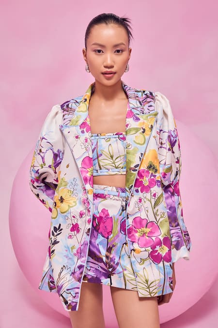 July Issue Multi Color Cotton Open Neck Floral Print Jacket And Skirt Set Online at Aza Fashions July Issue_Multi Color Cotton Open Neck Floral Print Jacket And Skirt Set _Online_at_Aza_Fashions
