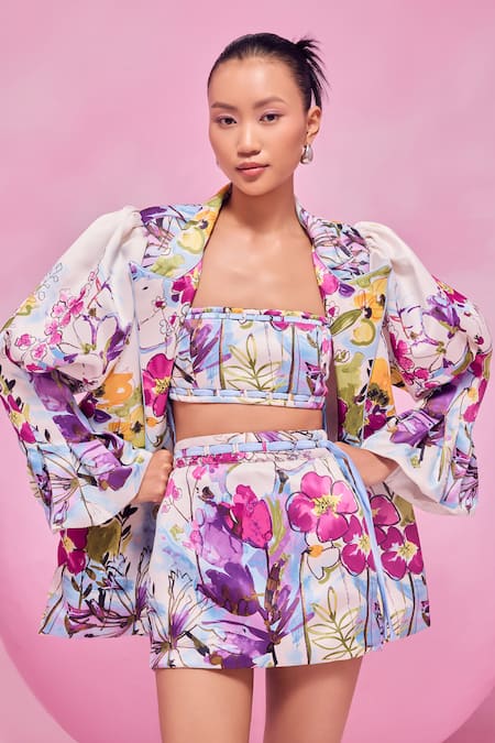 Buy July Issue Multi Color Cotton Open Neck Floral Print Jacket And Skirt Set Online at Aza Fashions Buy_July Issue_Multi Color Cotton Open Neck Floral Print Jacket And Skirt Set _Online_at_Aza_Fashions