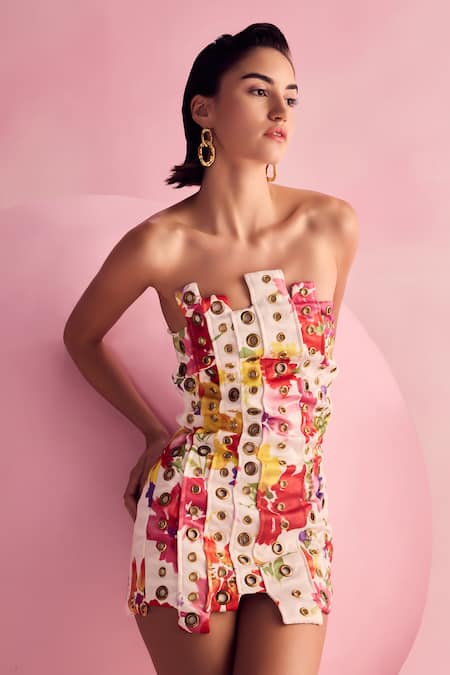 Buy July Issue Red Cotton Satin, Polyester Open Neck Floral Print Uneven Panel Dress Online at Aza Fashions Buy_July Issue_Red Cotton Satin, Polyester Open Neck Floral Print Uneven Panel Dress _Online_at_Aza_Fashions