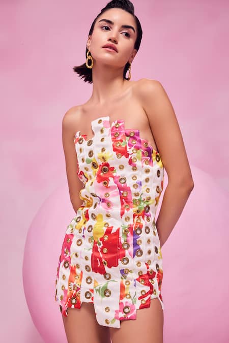 Shop July Issue Red Cotton Satin, Polyester Open Neck Floral Print Uneven Panel Dress Online at Aza Fashions Shop_July Issue_Red Cotton Satin, Polyester Open Neck Floral Print Uneven Panel Dress _Online_at_Aza_Fashions