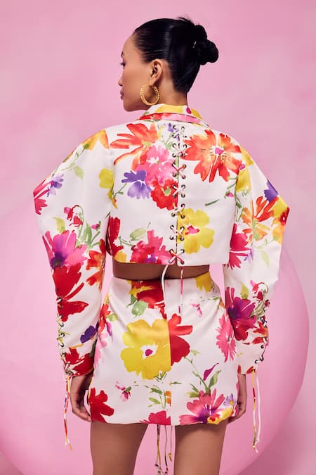 Shop_July Issue_Multi Color Cotton Satin Floral Print Blazer And Skirt Set _at_Aza_Fashions