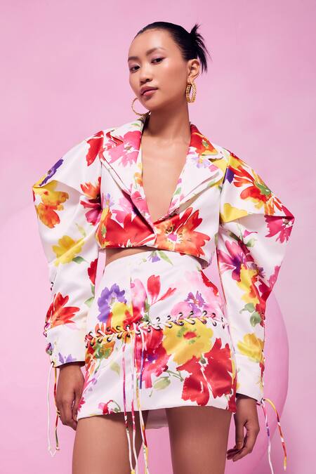 Buy_July Issue_Multi Color Cotton Satin Floral Print Blazer And Skirt Set _Online_at_Aza_Fashions