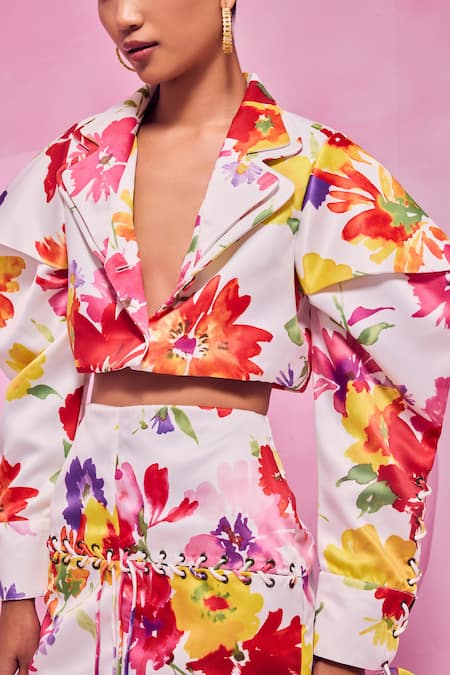 Shop_July Issue_Multi Color Cotton Satin Floral Print Blazer And Skirt Set _Online_at_Aza_Fashions