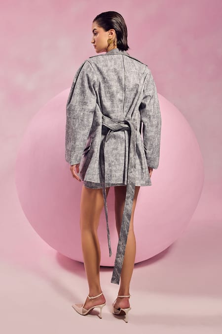 Shop July Issue Gray Faux Leather Square Neck Textured Blazer Skirt Set at Aza Fashions Shop_July Issue_Gray Faux Leather Square Neck Textured Blazer Skirt Set _at_Aza_Fashions