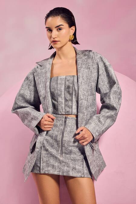 July Issue Gray Faux Leather Square Neck Textured Blazer Skirt Set Online at Aza Fashions July Issue_Gray Faux Leather Square Neck Textured Blazer Skirt Set _Online_at_Aza_Fashions