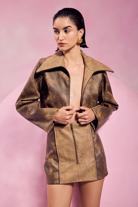 Shop_July Issue_Brown Faux Leather Collared Textured Pointed Blazer And Skirt Set _Online_at_Aza_Fashions