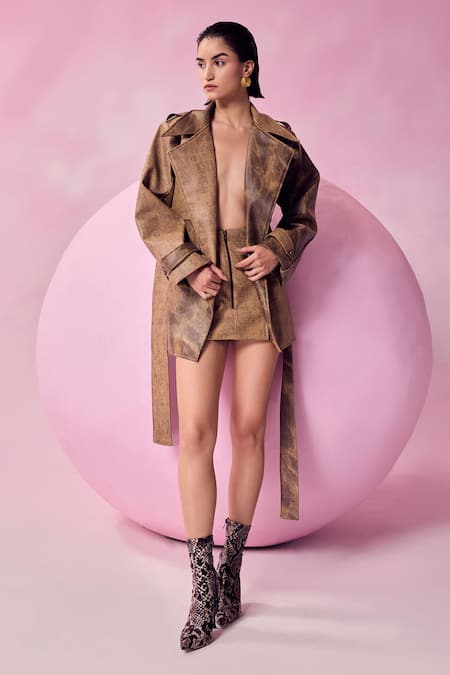 July Issue_Brown Faux Leather Collared Lapel Jacket And Skirt Set _Online_at_Aza_Fashions