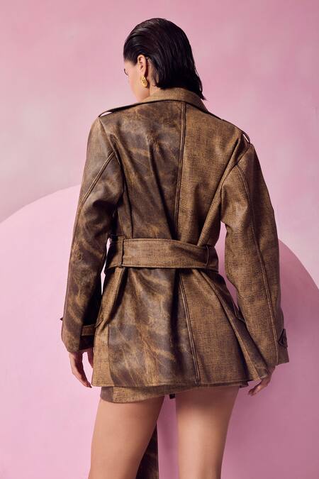 Shop_July Issue_Brown Faux Leather Collared Lapel Jacket And Skirt Set _Online_at_Aza_Fashions