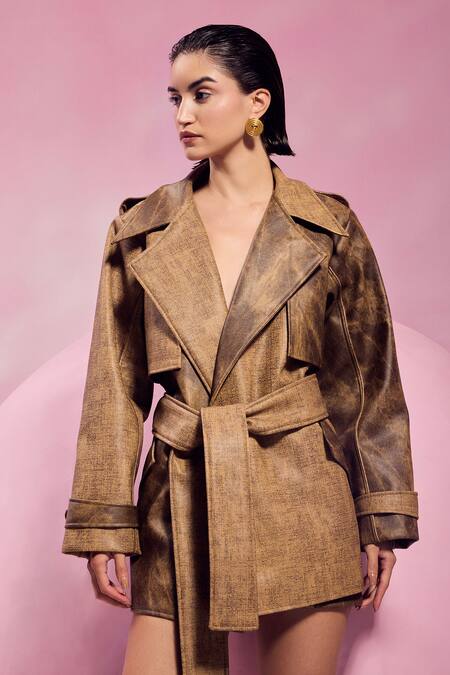 July Issue_Brown Faux Leather Collared Lapel Jacket And Skirt Set _at_Aza_Fashions