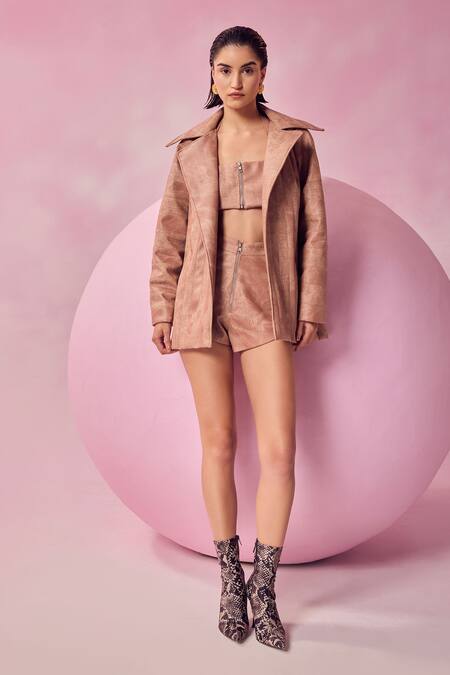 July Issue Pink Faux Leather Collared Textured Jacket And Shorts Set Online at Aza Fashions July Issue_Pink Faux Leather Collared Textured Jacket And Shorts Set _Online_at_Aza_Fashions