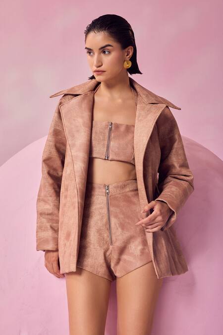 Shop July Issue Pink Faux Leather Collared Textured Jacket And Shorts Set Online at Aza Fashions Shop_July Issue_Pink Faux Leather Collared Textured Jacket And Shorts Set _Online_at_Aza_Fashions