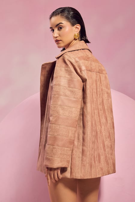Shop July Issue Pink Faux Leather Collared Textured Jacket And Shorts Set at Aza Fashions Shop_July Issue_Pink Faux Leather Collared Textured Jacket And Shorts Set _at_Aza_Fashions